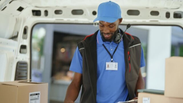 A delivery worker organizes packages in a van during the day. This takes place in an urban area. The worker is preparing for the next deliveries.