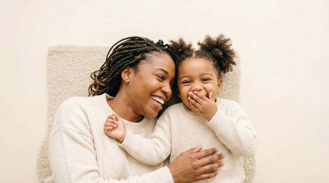 Intimate close-up of mother and daughter sharing a laugh, pink tones, warm affectionate moment captured in soft light