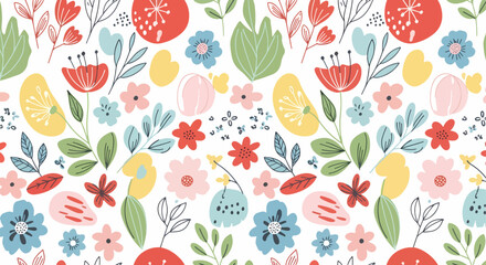 Hand Drawn Scandinavian Botanical Background with Minimal Flowers and Elegant Leaf Decorative Elements © Color