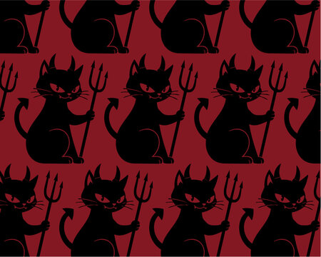 Black devil cat seamless repeat pattern design in vector