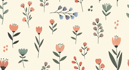 Retro Scandinavian Botanical Seamless Pattern with Stylized Flowers and Organic Leaf Shapes © Color