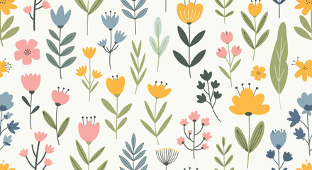 Soft Pastel Botanical Surface Pattern with Wildflowers Leaves and Elegant Scandinavian Style Illustrations © Color