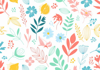 Soft Scandinavian Nature Pattern Featuring Stylized Flowers Leaves and Abstract Botanical Decorative Shapes © Color