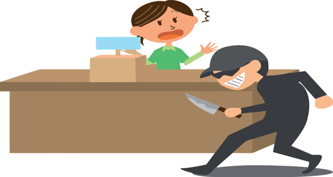 Armed robber with knife stealing money from supermarket cash register while terrified shopkeeper clerk panics vector cartoon illustration.