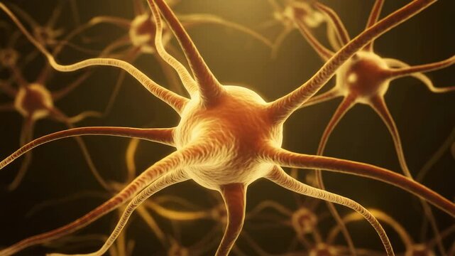 Microscopic neuron network with glowing synapses, golden biological brain cells in motion, neural connection and nervous system medical visualization