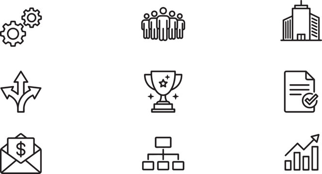 Nine business development and management minimalist icons with business