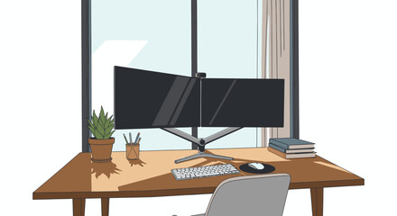 Fototapeta premium Modern home office setup with dual monitors, keyboard, mouse, plant, and books on a wooden desk by a window