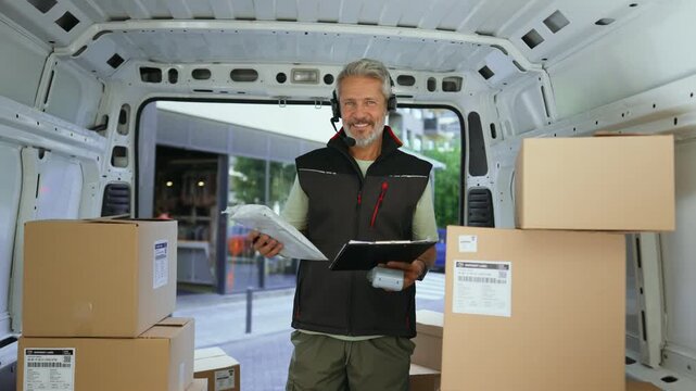 A man stands in a delivery van with packages around him. He checks items while wearing a headset. The setting is a busy urban area with buildings in the background.