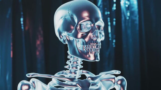 Metallic chrome human skeleton with reflective surface, futuristic silver skull and ribcage, high-tech 3d anatomy model for science fiction concept