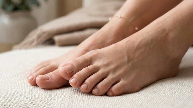 Well-Groomed Feet With Delicate Ankle Bracelet On Soft Fabric For A Subtle Elegance