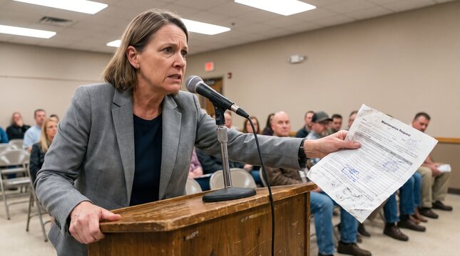Maintenance request form shown at town hall podium by concerned mother