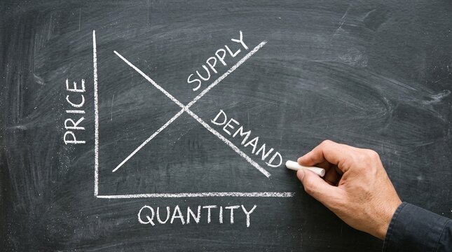 Human hand holds white chalk, illustrating a supply and demand graph with 'PRICE' and 'QUANTITY' axes on a dark chalkboard background.