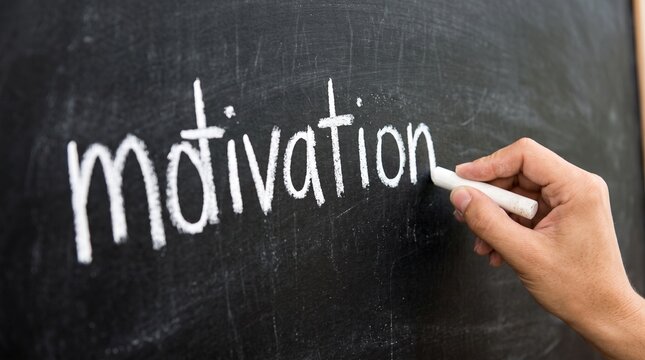 Human hand holds white chalk, writing the word 'motivation' in uppercase letters on a dark chalkboard surface.