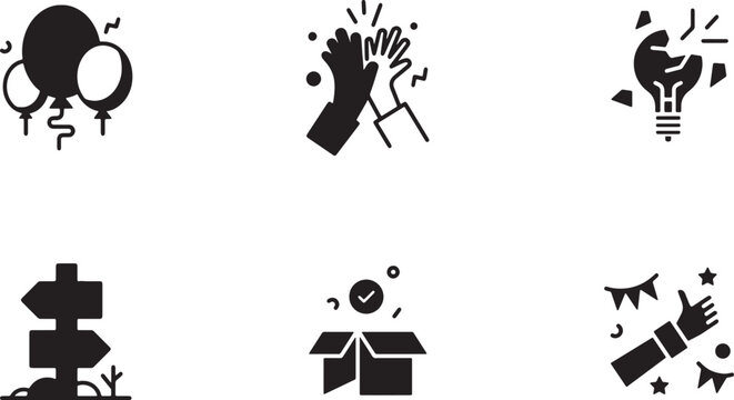 Set of celebration and event planning solid icons with celebration, planning
