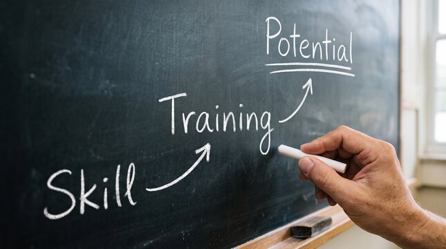 Human hand holds a piece of white chalk, illustrating the connection between "Skill", "Training", and "Potential" with arrows on a dark chalkboard.