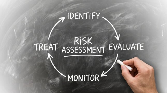 A male hand is drawing a circular diagram for risk assessment with the words 'Identify', 'Evaluate', 'Treat', and 'Monitor' on a dark chalkboard background.