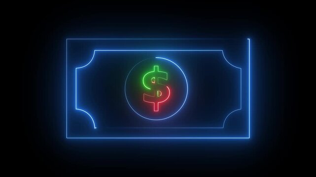 Glowing neon line bank note dollar icon isolated on black background. dollar banknote icon. stacked dollar bills representing finance, banking,savings, and economic wealth concept.4k animation video.