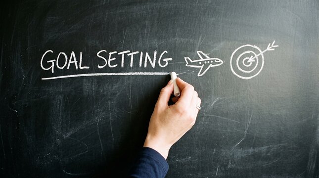Human hand holds a piece of white chalk, drawing the words "GOAL SETTING" with an airplane icon flying towards a target on a dark chalkboard.