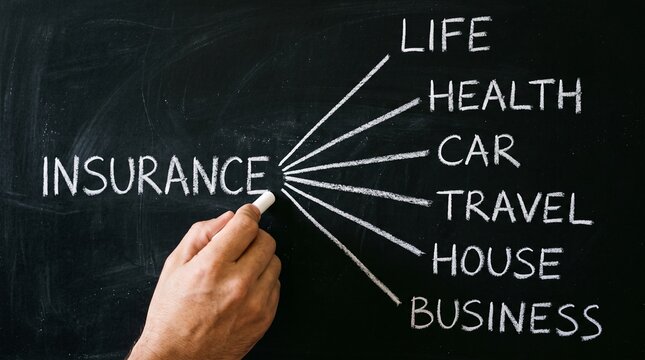 Human hand holds a piece of white chalk, pointing to the word "INSURANCE" which branches out to various types like "LIFE", "HEALTH", "CAR", "TRAVEL", "HOUSE", and "BUSINESS" on a dark chalkboard.