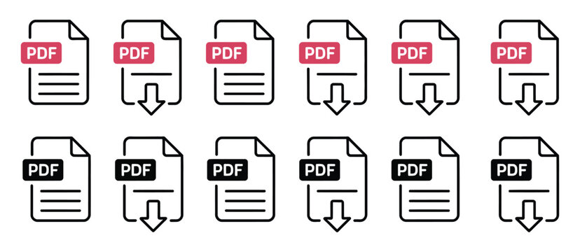 PDF file document icon set with digital document symbols for websites, apps, software, and user interface design.