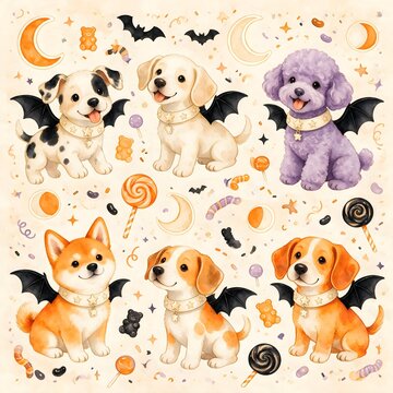 Cute Halloween vampire puppies with bat wings seamless pattern, watercolor dogs with candies and crescent moon illustration