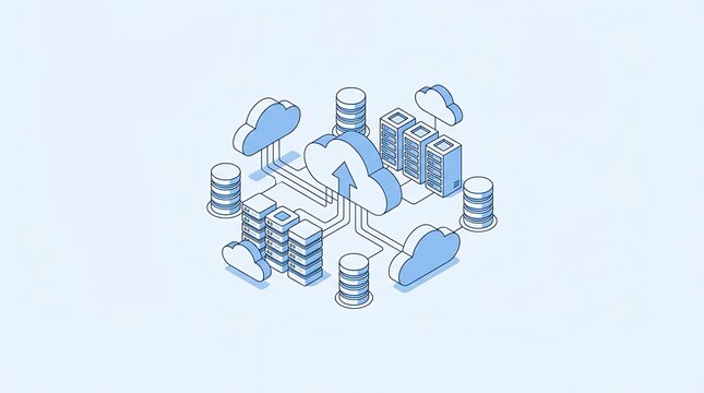 Cloud Computing Service Isometric Landing Page: Concept of innovative technology for file storage data center database storing digital information on internet. For website innovation cloud computing