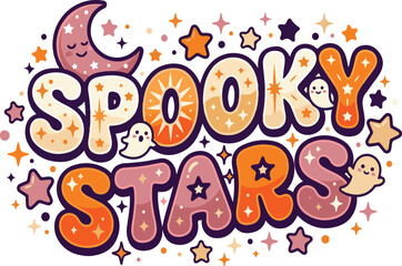 Fototapeta premium Spooky Stars Halloween Lettering Illustration with Cute Ghosts and Crescent Moon