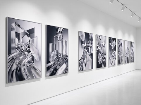 A modern art gallery exhibition featuring a series of abstract, metallic, and reflective artworks displayed on a pristine white wall with track lighting.