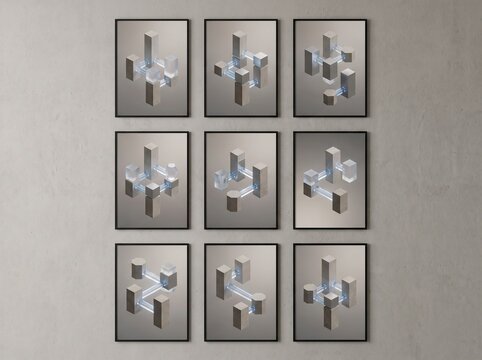 Nine framed abstract geometric sculptures featuring metallic and clear blocks arranged in various configurations on a wall, creating a modern art display.