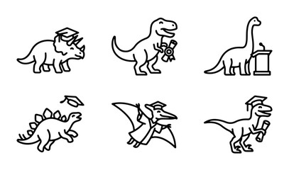 Obraz premium Graduation Dinosaurs Vector Icons, Cute Cartoon Characters Celebrating Education, Academic Achievement Symbols, Set of 6