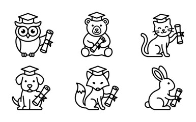 Fototapeta premium Cute Graduation Animal Icons Set, Vector Art Collection: Owl, Bear, Cat, Dog, Fox, Rabbit Holding Diplomas, Academic Achievement Symbols
