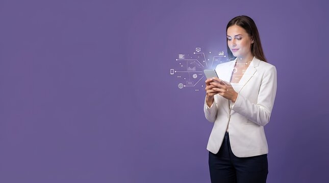 A woman using phone visualization showing a woman using a phone on a purple background for WHITE and technology concepts 3D render woman using phone purple background white woman female person use