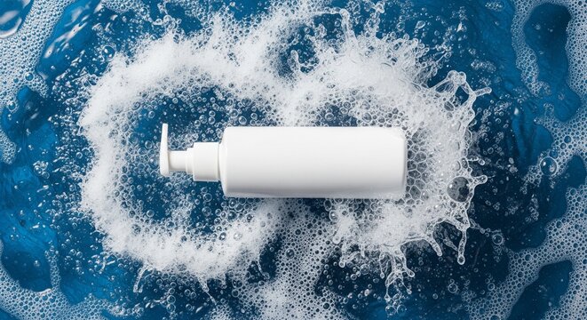 White cosmetic bottle with a pump dispenser floating in water surrounded by a circular splash of bubbles on a deep blue background