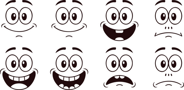 Set of eight cartoon face expressions including joy and sadness with expression