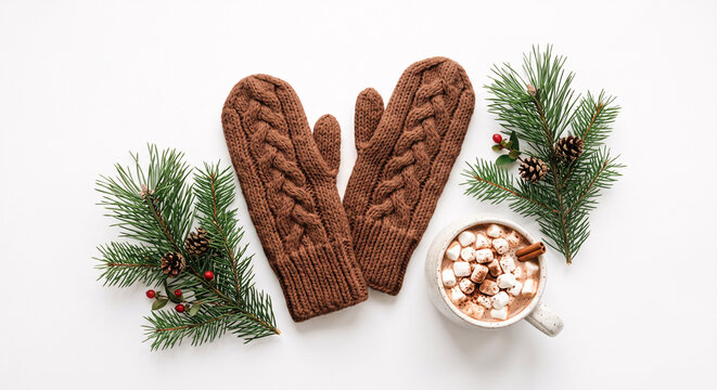 Winter flat lay with knitted mittens cup of hot cocoa with marshmallows and pine branches on white background