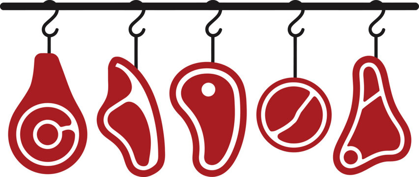 Raw meat cuts hanging on butcher hooks set with butchery, slaughterhouse