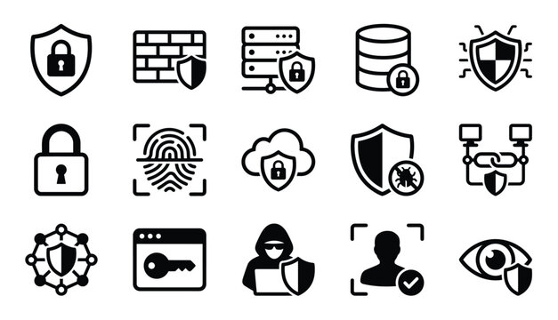 Set of black and white cybersecurity and data protection icons representing digital safety and network security concepts