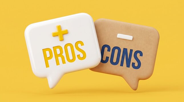 Pros and cons speech bubbles on yellow background, 3d render of advantages and disadvantages icons, comparison of positive and negative feedback