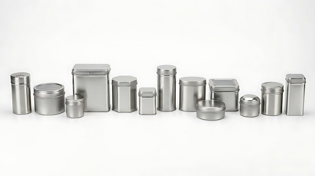 Set of various metal tin containers and canisters for storage and packaging. customizable spice tins 