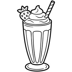 Milkshake Coloring Page With Whipped Cream Ridged Glass And Bold Outline Isolated on a Transparent or White Background