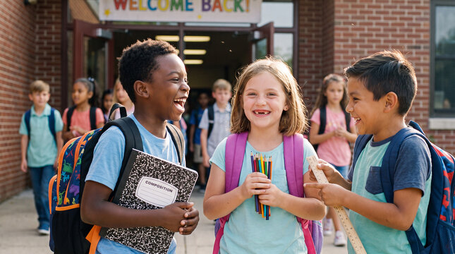 Three diverse students with backpacks and stationery laugh at the classroom door during Back to School Month campaigns