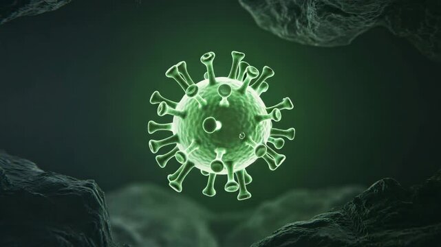 Microscopic coronavirus cell floating in dark green space. 3D medical illustration of viral pathogen. Infectious disease and microbiology concept.