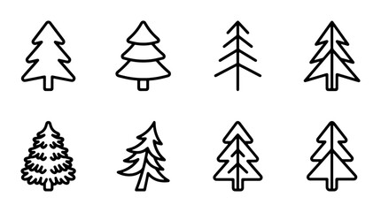 Obraz premium Conifer Tree Icons Set, Simple Evergreen Forest Silhouettes, Outline Pine and Fir Vector Graphics for Nature and Winter Designs
