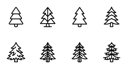 Obraz premium Set of 8 minimalist Christmas tree icons, simple outline vector illustrations for holiday design, winter forest elements, festive graphic resources