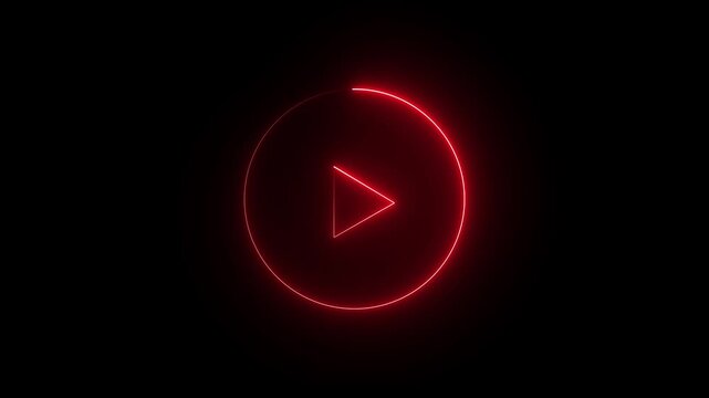 Glowing neon shine play button sign with neon circle animation. Neon glowing play button icon on the black background. red color neon icon. 4k animation motion video..
