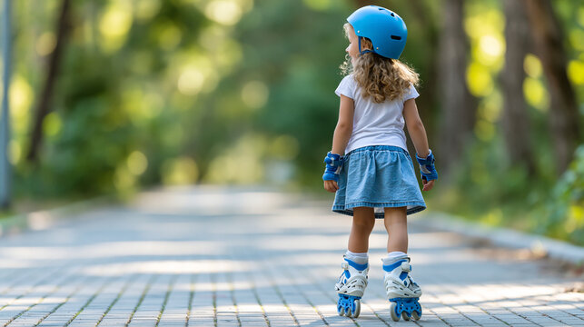 Faceless roller skating girl in a park on inline skates, child outdoor activity, summer recreation, active childhood, park fun, healthy lifestyle, with copy space