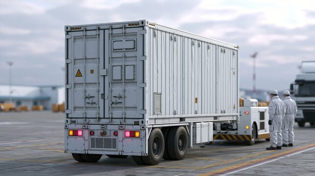 Sealed freight container transferring between truck chassis and airport dolly under specialist super