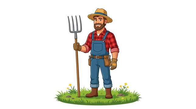 A cartoon illustration of a cheerful bearded farmer wearing a straw hat, red plaid shirt, and blue denim overalls while holding a pitchfork.