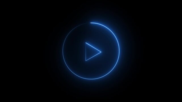 Glowing neon shine play button sign with neon circle animation. Neon glowing play button icon on the black background. blue color neon icon. 4k animation motion video..
