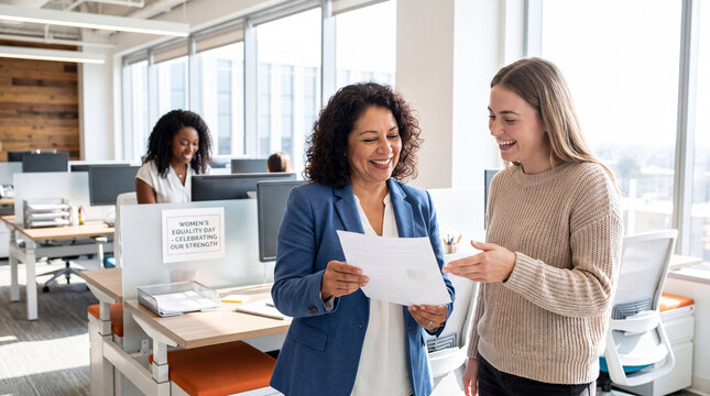 A Latina businesswoman and a younger colleague happily review documents in a bright office for Women's Equality Day internal communications